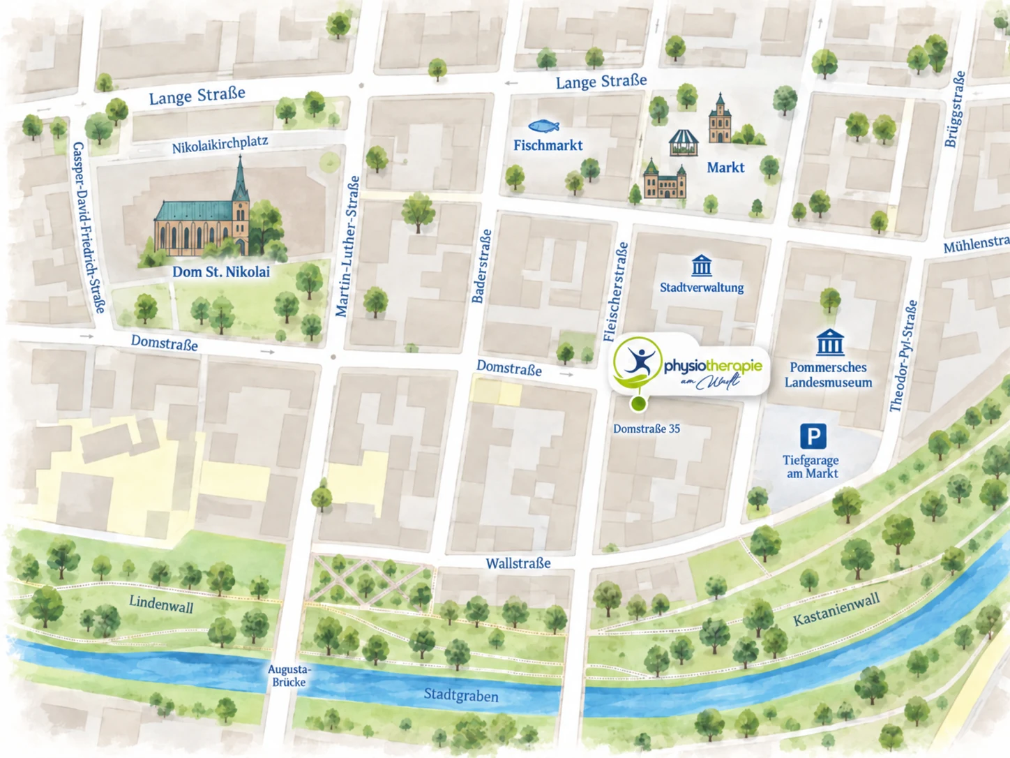 Illustrative Lagekarte der Greifswalder Altstadt mit der Physiotherapie am Wall in der Domstraße, Dom St. Nikolai und Markt